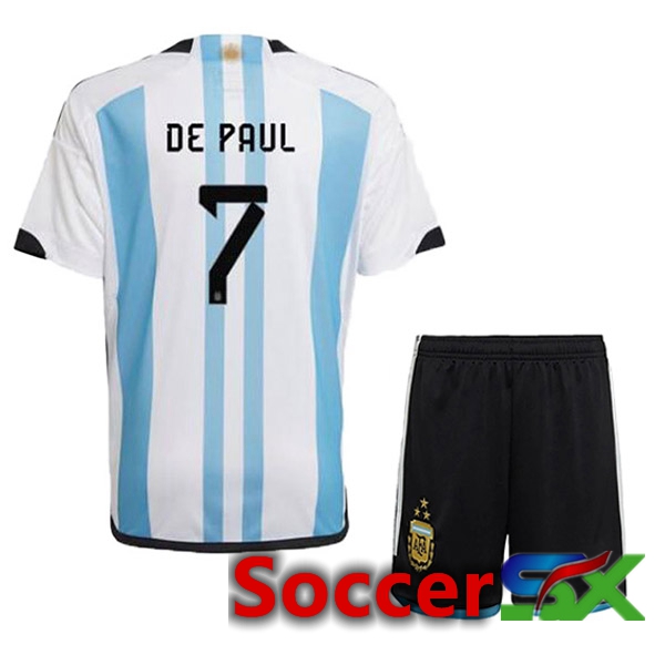 Argentina (DE PAUL 7) 3 Stars Kids Soccer Jersey Home Blue White 2022/2023