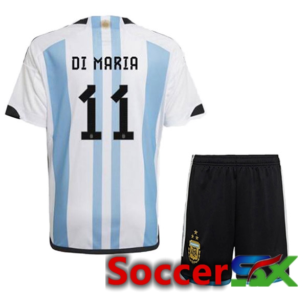 Argentina (DI MARIA 11) 3 Stars Kids Soccer Jersey Home Blue White 2022/2023