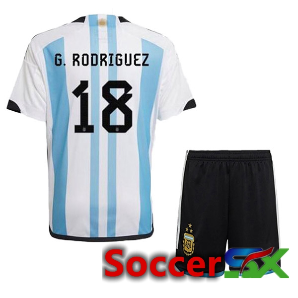 Argentina (G. RODRIGUEZ 18) 3 Stars Kids Soccer Jersey Home Blue White 2022/2023