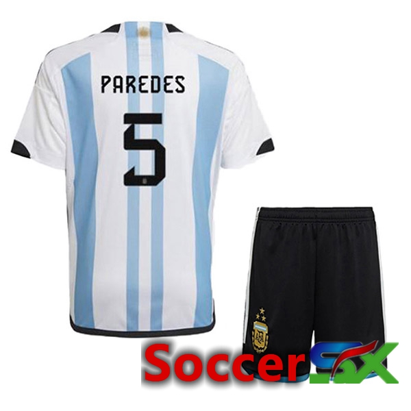 Argentina (PAREDES 5) 3 Stars Kids Soccer Jersey Home Blue White 2022/2023