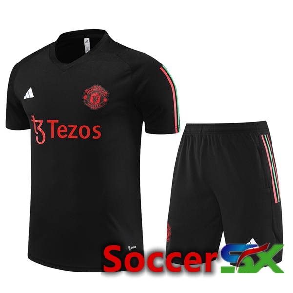 Manchester United Training T Shirt + Shorts Black 2023/2024