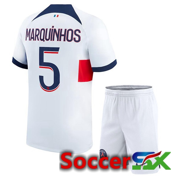 Paris PSG (Marquinhos 5) Kids Soccer Jersey Away White 2023/2024