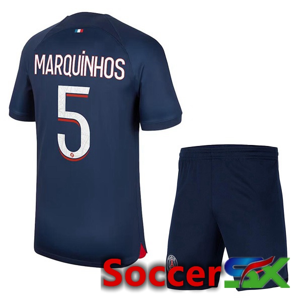 Paris PSG (Marquinhos 5) Kids Soccer Jersey Home Royal Bluee 2023/2024