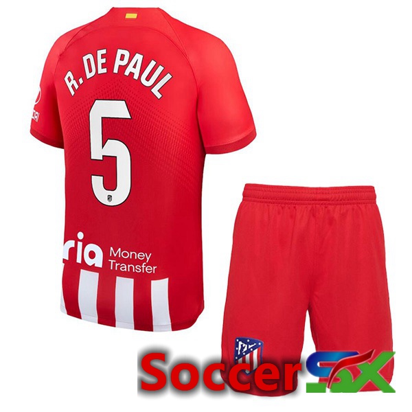 Atletico Madrid (R. De Paul 5) Kids Soccer Jersey Home Red 2023/2024