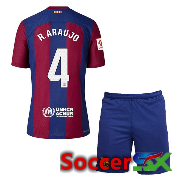 FC Barcelona (R. ARAUJO 4) Kids Soccer Jersey Home Blue Red 2023/2024