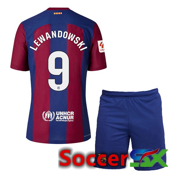 FC Barcelona (LEWANDOWSKI 9) Kids Soccer Jersey Home Blue Red 2023/2024