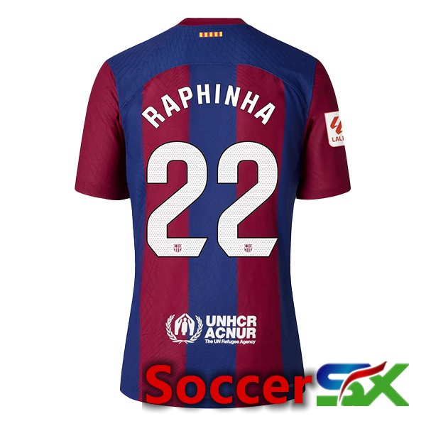 FC Barcelona (RAPHINHA 22) Soccer Jersey Home Blue Red 2023/2024