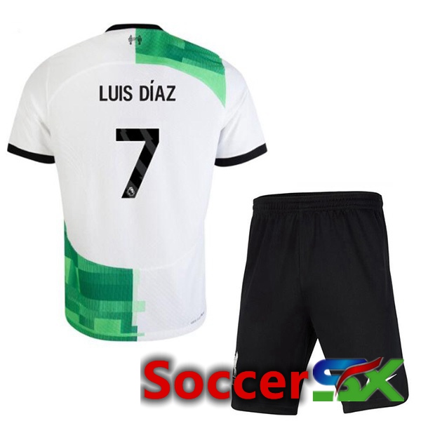 FC Liverpool (LUIS DÍAZ 7) Kids Soccer Jersey Away White Green 2023/2024