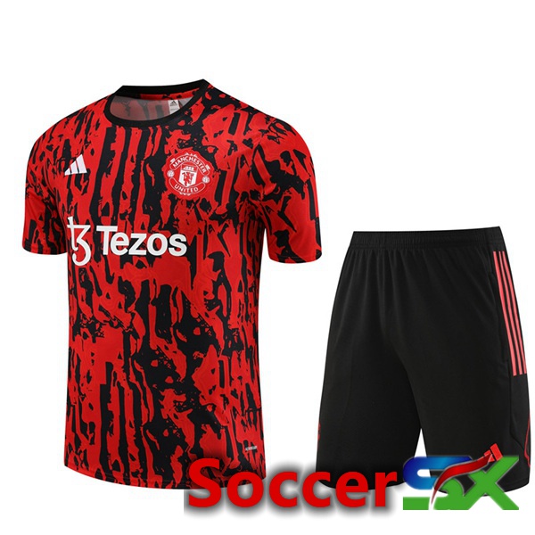 Manchester United Training T Shirt + Shorts Black Red 2023/2024