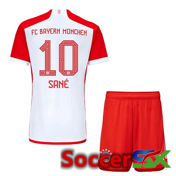 Bayern Munich (Sané 10) Kids Home Soccer Jersey White Red 2023/2024