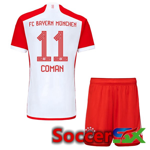 Bayern Munich (Coman 11) Kids Home Soccer Jersey White Red 2023/2024
