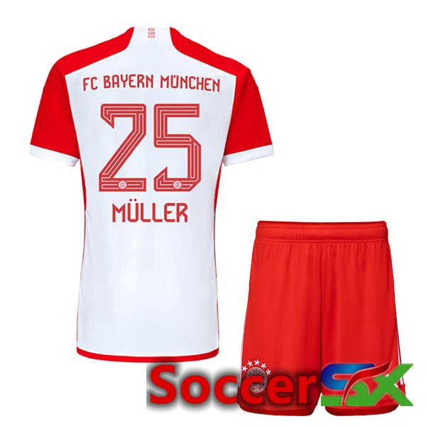 Bayern Munich (Müller 25) Kids Home Soccer Jersey White Red 2023/2024