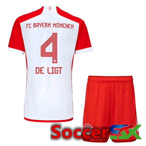 Bayern Munich (de Ligt 4) Kids Home Soccer Jersey White Red 2023/2024