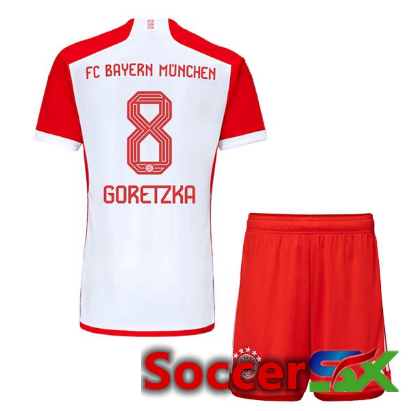 Bayern Munich (Goretzka 8) Kids Home Soccer Jersey White Red 2023/2024