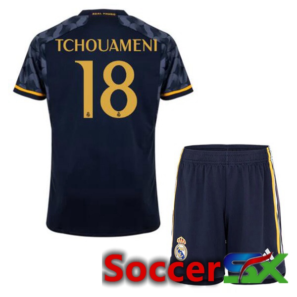 Real Madrid (Tchouameni 18) Kids Away Soccer Jersey Blue Royal 2023/2024