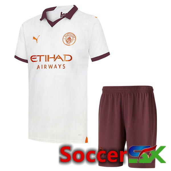 Manchester City Kids Away Soccer Jersey White 2023/2024