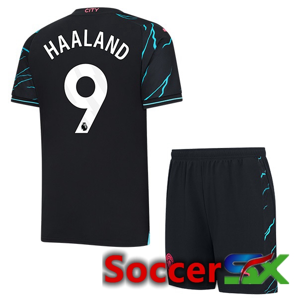 Manchester City (Erling Haaland 9) Kids Third Soccer Jersey Blue Black 2023/2024
