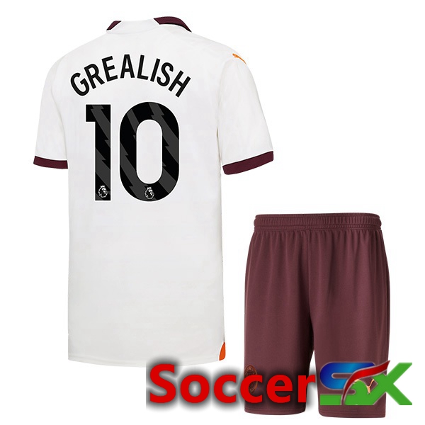 Manchester City (Jack Grealish 10) Kids Away Soccer Jersey White 2023/2024