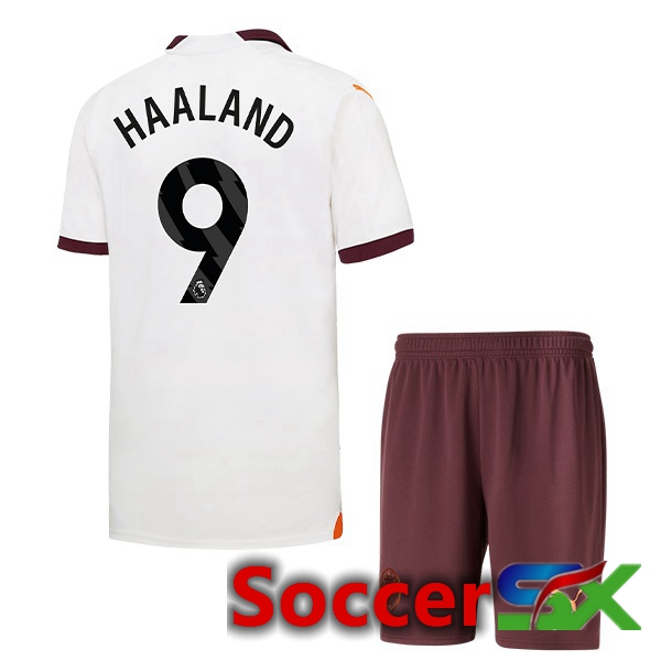 Manchester City (Erling Haaland 9) Kids Away Soccer Jersey White 2023/2024