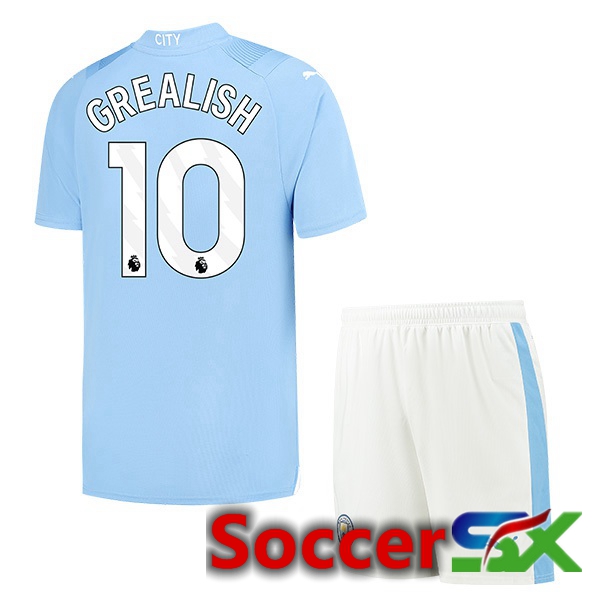Manchester City (Jack Grealish 10) Kids Home Soccer Jersey Blue 2023/2024