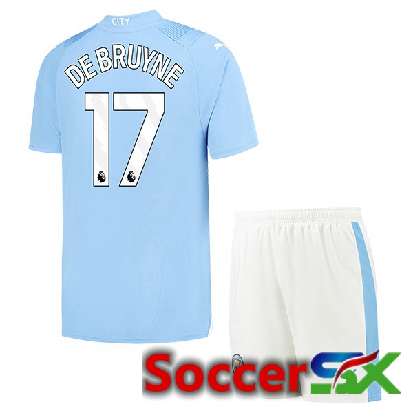 Manchester City (Kevin De Bruyne 17) Kids Home Soccer Jersey Blue 2023/2024