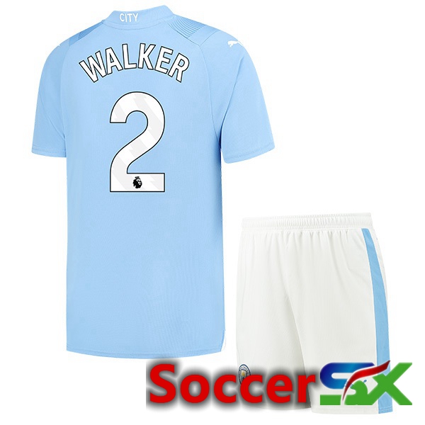 Manchester City (Kyle Walker 2) Kids Home Soccer Jersey Blue 2023/2024