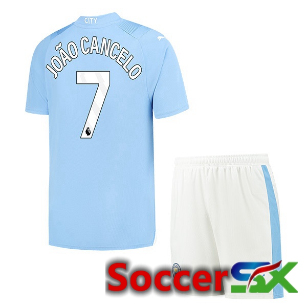 Manchester City (João Cancelo 7) Kids Home Soccer Jersey Blue 2023/2024