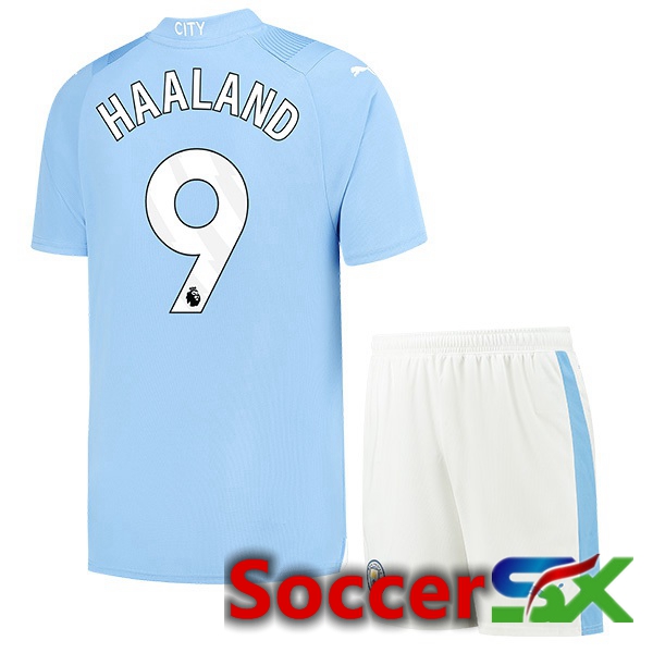 Manchester City (Erling Haaland 9) Kids Home Soccer Jersey Blue 2023/2024