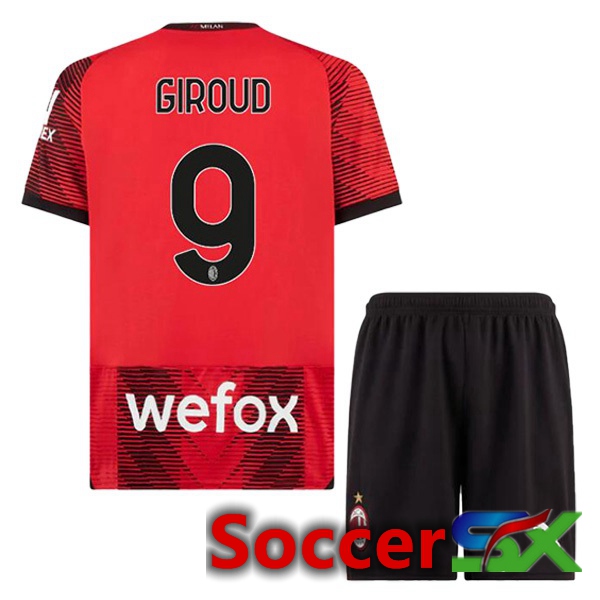 AC Milan (Giroud 9) Kids Home Soccer Jersey Red 2023/2024
