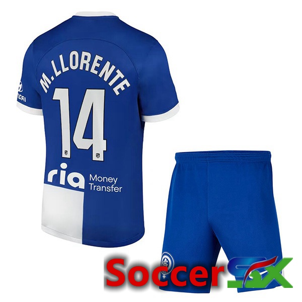 Atletico Madrid (M. Llorente 14) Kids Away Soccer Jersey Blue 2023/2024