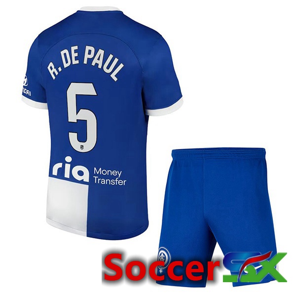 Atletico Madrid (R. De Paul 5) Kids Away Soccer Jersey Blue 2023/2024