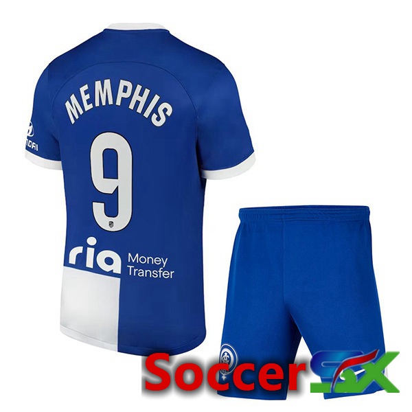 Atletico Madrid (Memphis 9) Kids Away Soccer Jersey Blue 2023/2024