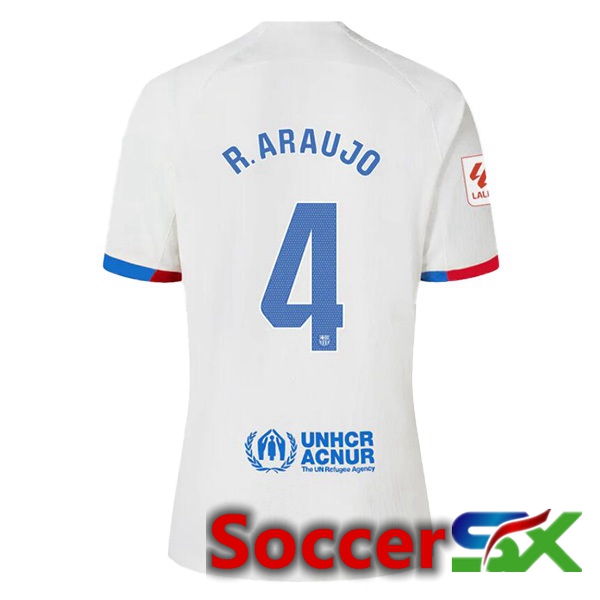 FC Barcelona (R. ARAUJO 4) Away Soccer Jersey White 2023/2024