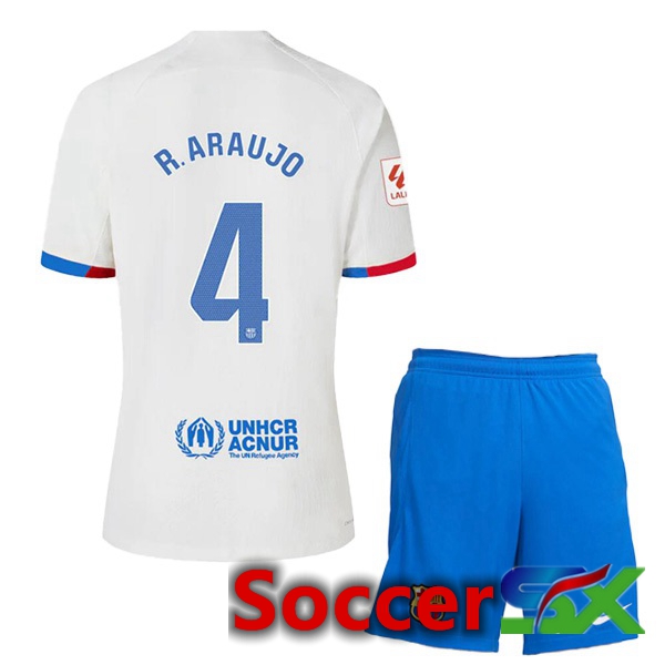 FC Barcelona (R. ARAUJO 4) Kids Away Soccer Jersey White 2023/2024