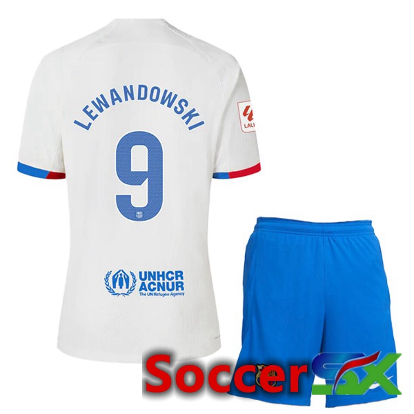 FC Barcelona (LEWANDOWSKI 9) Kids Away Soccer Jersey White 2023/2024