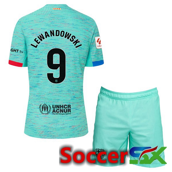 FC Barcelona (LEWANDOWSKI 9) Kids Soccer Jersey Third Green 2023/2024