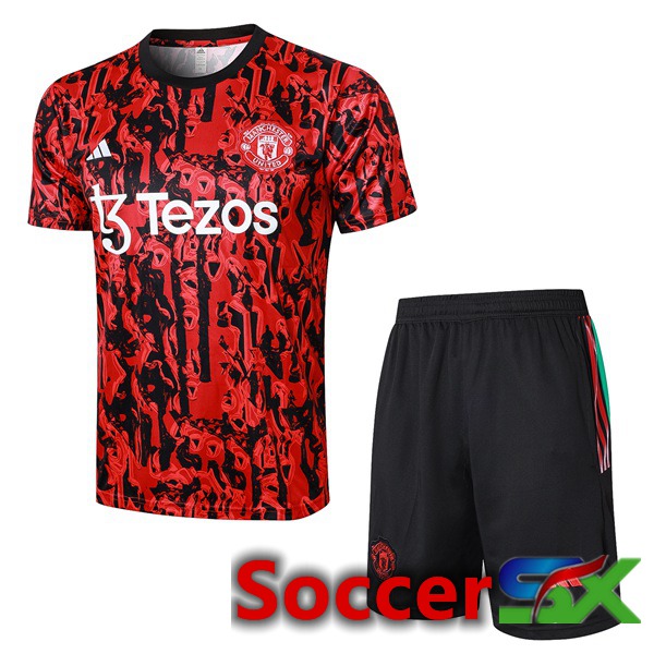 Manchester United Training T Shirt + Shorts Red Black 2023/2024