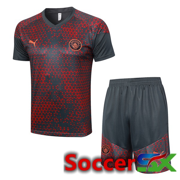 Manchester City Training T Shirt + Shorts Red Grey 2023/2024