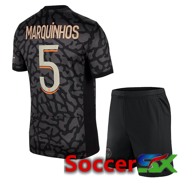 Paris PSG (Marquinhos 5) Kids Soccer Jersey Third Black 2023/2024