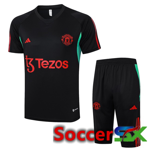 Manchester United Training T Shirt + Shorts Black Red 2023/2024