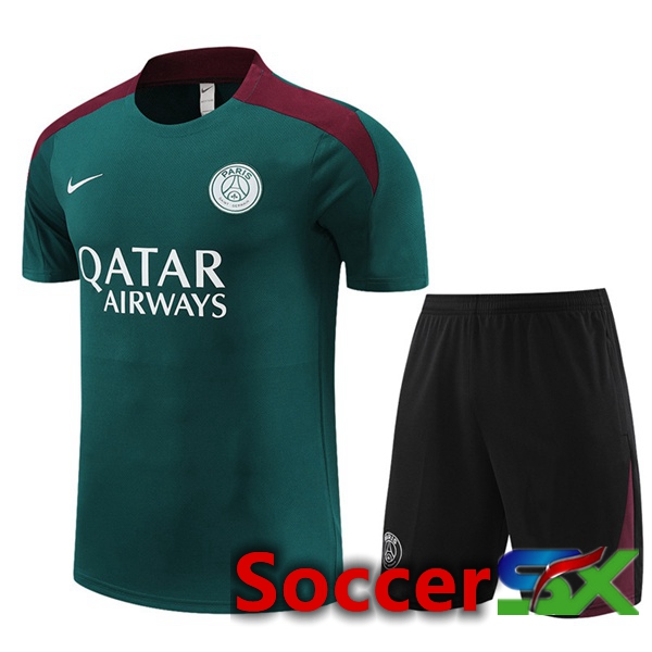 Paris PSG Training T Shirt + Shorts Green 2023/2024