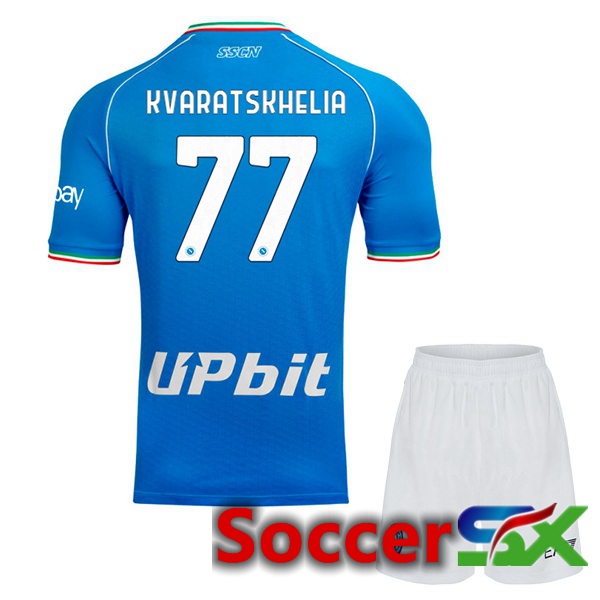 SSC Napoli (Khvicha Kvaratskhelia 77) Kids Soccer Jersey Home Blue 2023/2024