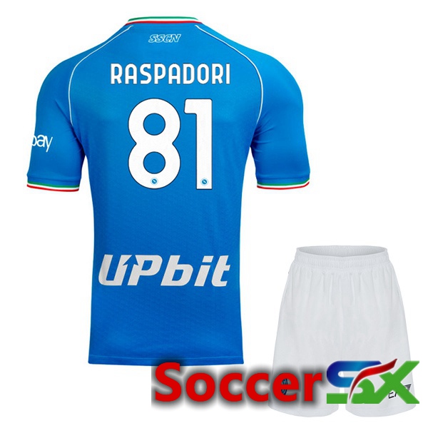SSC Napoli (Giacomo Raspadori 81) Kids Soccer Jersey Home Blue 2023/2024