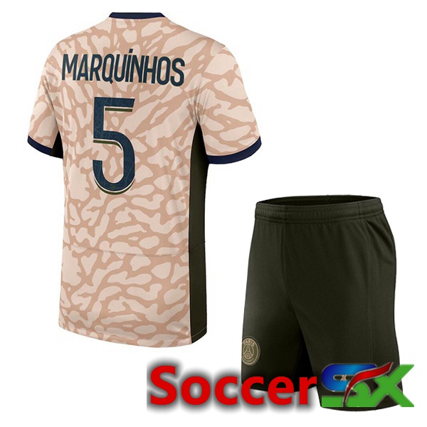 Paris PSG (Marquinhos 5) Kids Soccer Jersey Fourth Pink 2023/2024