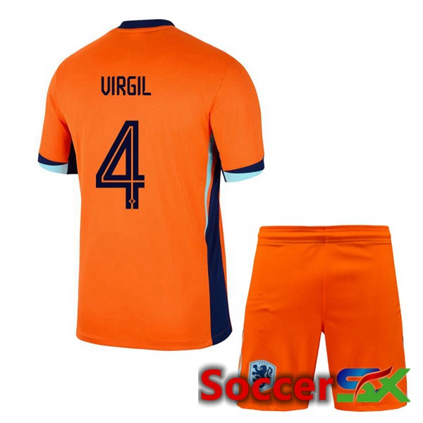 Netherlands (VIRGIL 4) Kids Home Soccer Jersey Orange 2024/2025