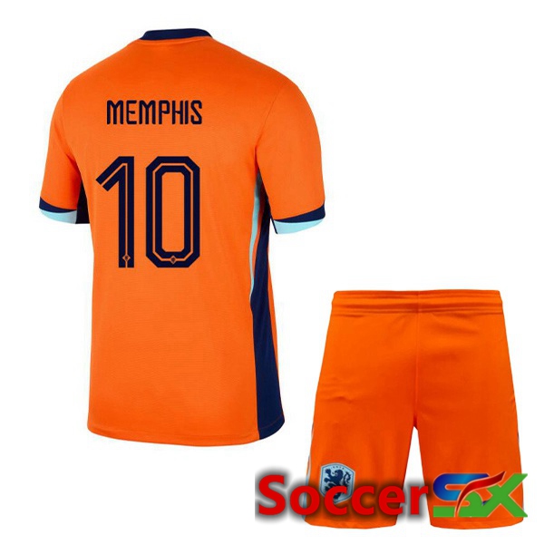 Netherlands (MEMPHIS 10) Kids Home Soccer Jersey Orange 2024/2025