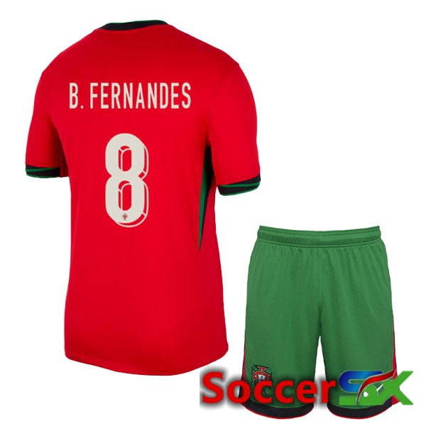 Portugal (B. FERNANDES 8) Kids Home Soccer Jersey Red 2024/2025