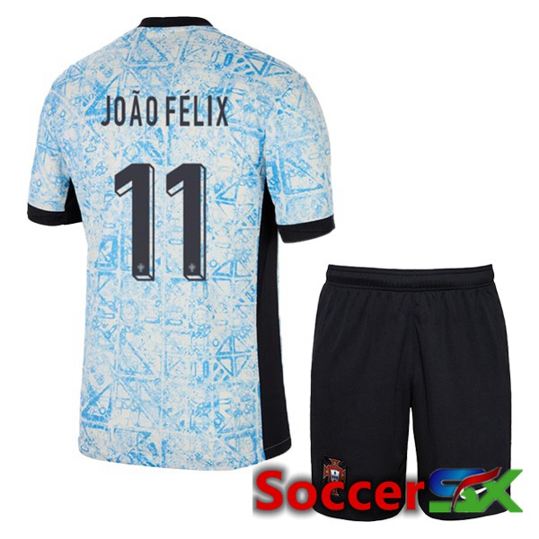 Portugal (JOÃO FÉLIX 11) Kids Away Soccer Jersey Blue White 2024/2025