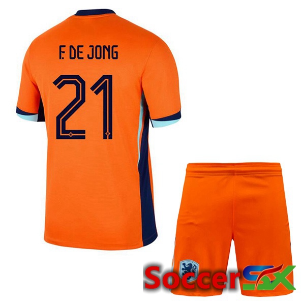 Netherlands (F. DE JONG 21) Kids Home Soccer Jersey Orange UEFA Euro 2024