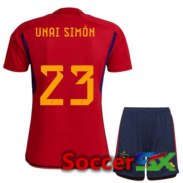 Spain (UNAI SIM脫N 23) Kids Home Jersey Red World Cup 2022